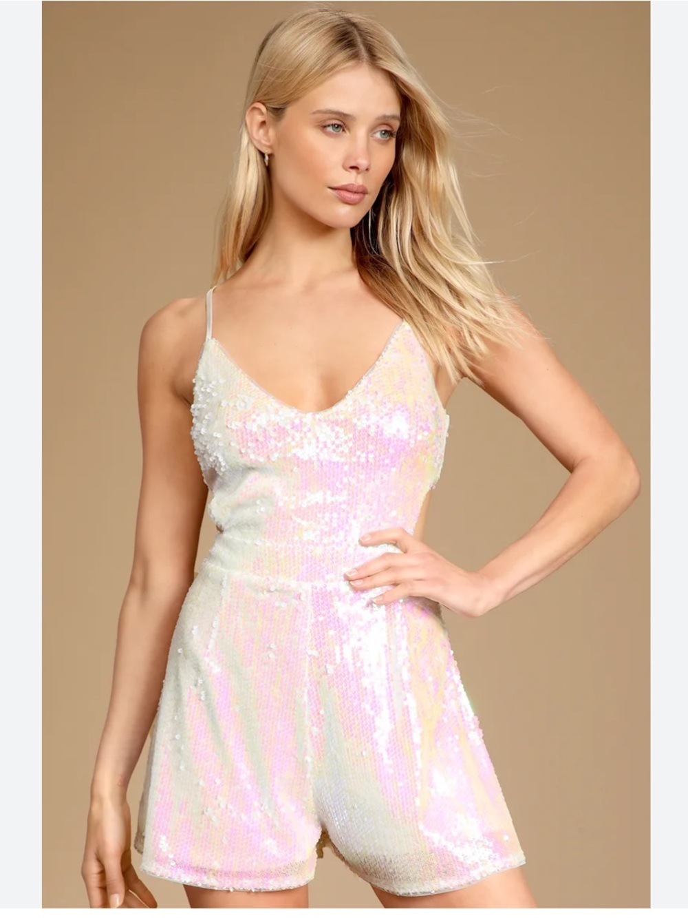 Lulus All Lit Up Iridescent Sequin Lace Up Romper Medium White Pink Party